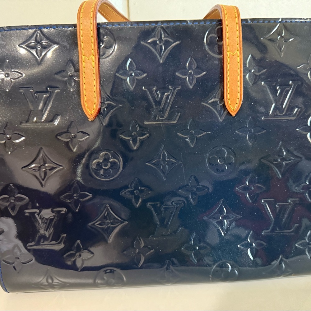 Louis Vuitton Glossy Navy Tote with Orange Handles